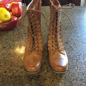 Betsey Johnson ruffled lace up side zip boots NWOT